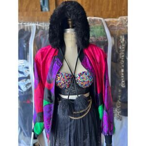 VTG 80s Multicolor Satin Bomber Jacket Colorblock Shoulder Pads OS
 OS